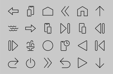 Satır okları, yönler, oklar, duraklama, devam, doğrudan sağa, düzenlenebilir vuruş gibi simgeler içerir. 480x480, Beyaz arkaplanda, Vektör illüstrasyonu