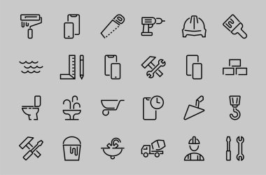 İnşaat ikonları, basit vektör çizgileri, şu ikonları içerir: inşaatçı, silindir, anahtarlı çekiç, tuvalet kabı ve daha fazlası. Düzenlenebilir felç. 48x48 piksel mükemmel, beyaz arkaplan