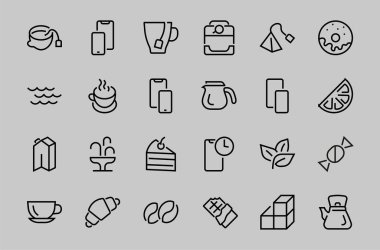 Kahve ve Çay Leni ICONS SET, çay, çay poşeti, kahve makinesi, kek, şeker, çaydanlık, bardak, süt, krema, limon, çikolata, LINEAR ICONS Düzenleyici vuruş ikonları içerir