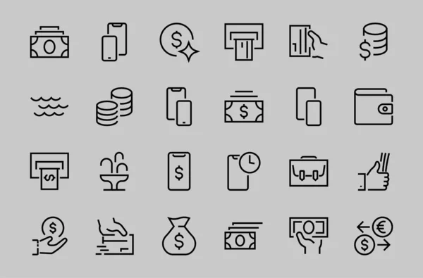 BUSINESS and FINANCE Thin Line Icon Set, enthält Symbole wie Münzen, Währungsumtausch, Kartenzahlung, Terminal und vieles mehr, editierbare Zeile, Vektorillustration — Stockvektor