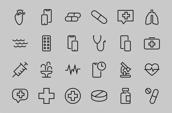 A simple set of medicine ICONS, contains medicine icons, pills, related vector line icons. thin lines, pain, syringe, lungs, microscope, cardiogram, virus and much more. Editable stroke. — Stock Vector