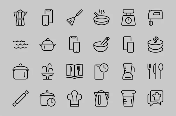 Set of icons for cooking and kitchen, vector lines, contains icons such as a knife, saucepan, boiling time, mixer, scales, recipe book. Editable stroke, perfect 480x480 pixels, white background — Stock Vector