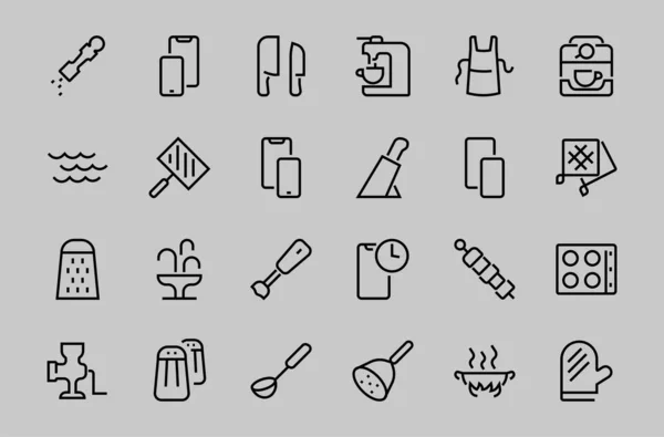 KITCHEN ICON Yemek pişirme süreci, mutfak araçları, simge seti, ince çizgi vektörü blender, fırın, bıçak, rende, barbekü, apron, barbekü, ızgara, kahve makinesi, mutfak eldiveni, düzenlenebilir felç