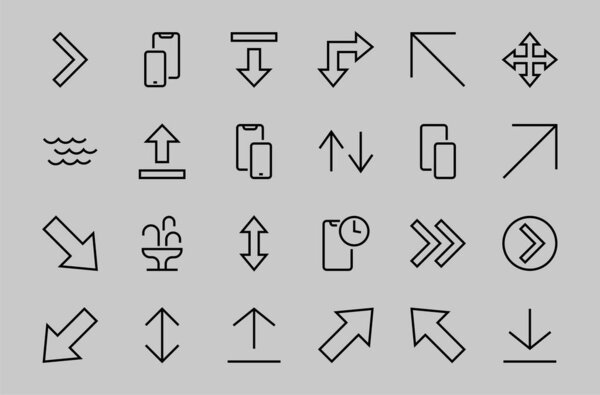 Set of line arrows, directions, arrows, contains icons such as pause, continuation, directly, to the right, Editable stroke. 480x480, On a white background, Vector illustration