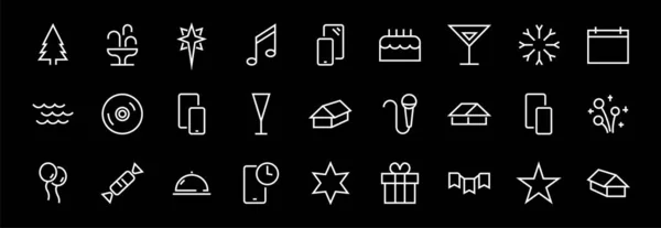 Prosty zestaw ikon uroczystości związanych z linią wektorową. Zawiera ikony, takie jak muzyka, Nowy Rok, gwiazdy, kulki, ciasto, karaoke, dj i wiele więcej. Edytowalny udar. 480x480 — Wektor stockowy