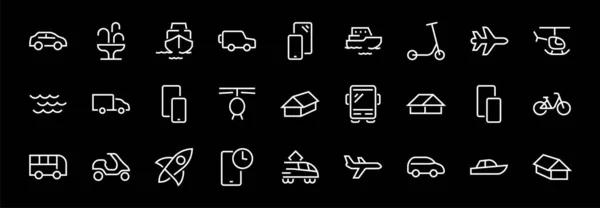 Soubor ikon vektorových čar veřejné dopravy. Obsahuje ikony jako autobus, kolo, kufr, auto, skútr, nákladní automobil, doprava, trolejbus, plachetnice, motorový člun, letadlo a mnoho dalšího. Upravitelný tah. — Stockový vektor