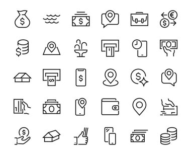 BUSINESS ve FINANCE İnce Satır Simgesi kümesi, Sikkeler, Para Takası, Kart Ödemesi, Terminal ve daha fazlası, Düzenlenebilir Satır, Vektör Resimleri gibi simgeler içerir
