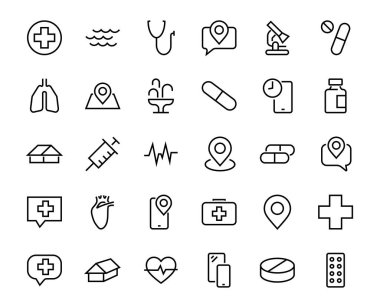 Basit bir ilaç seti ICONS, ilaç ikonları, haplar, ilgili vektör çizgisi ikonları içerir. İnce çizgiler, ağrı, şırınga, akciğerler, mikroskop, kardiyogram, virüs ve daha fazlası. Düzenlenebilir vuruş.