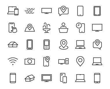 SMART aygıtları ve aygıtlar doğrusal simgeler seti, vektör, simgeler bilgisayar, kamera, dizüstü bilgisayar, telefon, web aygıtları, elektronik cihazlar ve daha fazlasını içerir. Düzenlenebilir vuruş