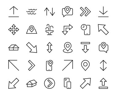 Satır okları, yönler, oklar, duraklama, devam, doğrudan sağa, düzenlenebilir vuruş gibi simgeler içerir. 480x480, Beyaz arkaplanda, Vektör illüstrasyonu