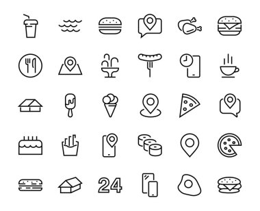 Vektör çizgisi ile ilgili basit bir fast food ikonu seti. Pizza, burger, suşi, bisiklet, çırpılmış yumurta ve daha fazlası gibi ikonlar içerir. Edilebilir felç. EPS 10