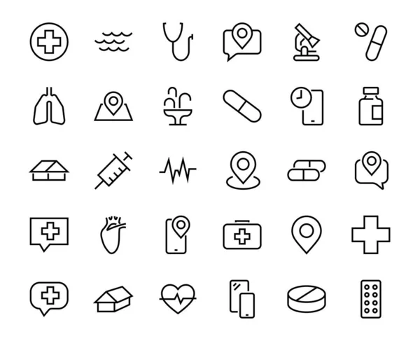 Basit bir ilaç seti ICONS, ilaç ikonları, haplar, ilgili vektör çizgisi ikonları içerir. İnce çizgiler, ağrı, şırınga, akciğerler, mikroskop, kardiyogram, virüs ve daha fazlası. Düzenlenebilir vuruş.