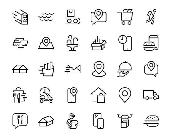 PIZZA DELIVERY, и Food Icon Set Vector тонкая линия, содержит курьера, доставку на дом, заказ еды, быстрый транспорт, дрон, корабль, автомобиль, съедобный штрих. Схемы ICONS