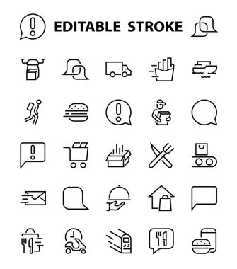 PIZA DELIVERY, ve Food Icon Set Vector ince hattı, kurye, ev teslimatı, yemek siparişi, hızlı ulaşım, İHA, gemi, araba, düzenlenebilir felç içerir. ICONS devreleri