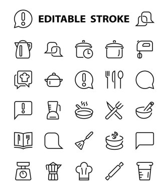 Mutfak ve yemek pişirme ikonları, vektör çizgileri, bıçak, tencere, kaynama zamanı, mikser, tartı, yemek tarifi kitabı gibi ikonlar içerir. Düzenlenebilir vuruş, mükemmel 480x480 piksel, beyaz arkaplan