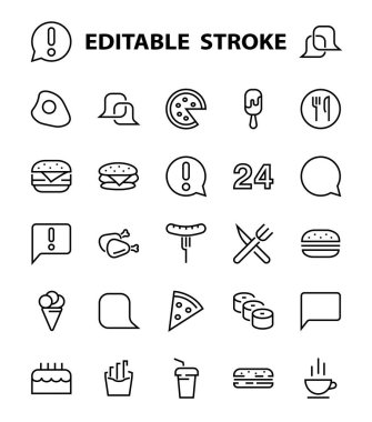 Vektör çizgisi ile ilgili basit bir fast food ikonu seti. Pizza, burger, suşi, bisiklet, çırpılmış yumurta ve daha fazlası gibi ikonlar içerir. Edilebilir felç. EPS 10