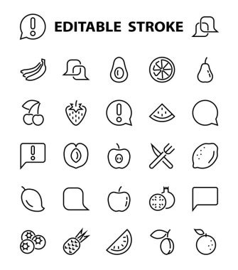 Meyve Simgesi Seti, Vektör satırları, elma, muz, kiraz, limon, karpuz, Avokado Düzenleme vuruşu, 48x48 piksel, beyaz arkaplan, 10