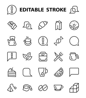 Kahve ve Çay Leni ICONS SET, çay, çay poşeti, kahve makinesi, kek, şeker, çaydanlık, bardak, süt, krema, limon, çikolata, LINEAR ICONS Düzenleyici vuruş ikonları içerir