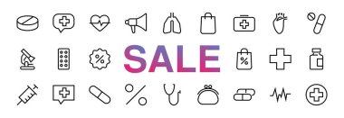 Basit bir ilaç seti ICONS, ilaç ikonları, haplar, ilgili vektör çizgisi ikonları içerir. İnce çizgiler, ağrı, şırınga, akciğerler, mikroskop, kardiyogram, virüs ve daha fazlası. Düzenlenebilir felç Kara Cuma