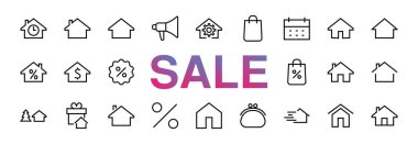 Basit çizgi vektör ev simgeleri kümesi. Evin sembollerini içeriyor, evi ve daha fazlasını. Düzenlenebilir felç. 480x480 piksel mükemmel. Kara Cuma