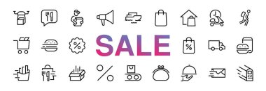 PIZA DELIVERY, ve Food Icon Set Vector ince hattı, kurye, ev teslimatı, yemek siparişi, hızlı ulaşım, İHA, gemi, araba, düzenlenebilir felç içerir. ICONS devreleri. Kara Cuma