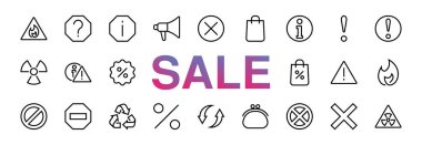 UYARI basit çizgi vektör simgeleri kümesi. Uyarı, ünlem işareti, yeniden kullanma, uyarı işareti ve daha fazlası gibi simgeler içerir. Düzenlenebilir felç. Vektör illüstrasyonu Kara Cuma