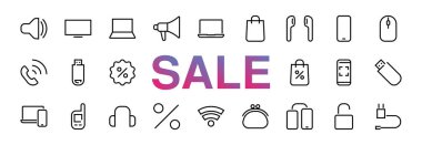 Akıllı cihazlar, cihazlar, bilgisayar donanımı ve elektronik aletler. Ağ ve mobil vektör çizgileri için elektronik aygıtlar simgeleri. Bilgisayar, telefon. Düzenlenebilir felç. 48x48 piksel. Kara Cuma