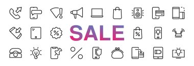 Laptop, tablet, koruma programı, telefon, dijital ağ, ince çizgi vektör simgeleri, düzenlenebilir felç gibi akıllı aygıtların GADGet vektör simgeleri kümesi. Kara Cuma