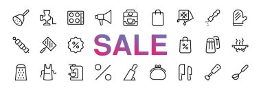 KITCHEN ICON Yemek pişirme süreci, mutfak araçları, simge seti, ince çizgi vektörü blender, fırın, bıçak, rende, barbekü, apron, barbekü, ızgara, kahve makinesi, mutfak eldiveni, düzenlenebilir felç.