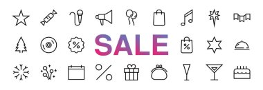 Vektör çizgisi ile ilgili basit kutlama simgeleri kümesi. Müzik, yeni yıl, yıldızlar, balolar, pasta, karaoke, DJ gibi ikonlar içerir. Düzenlenebilir felç. 480x480. Kara Cuma