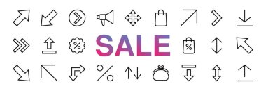 Satır okları, yönler, oklar, duraklama, devam, doğrudan sağa, düzenlenebilir vuruş gibi simgeler içerir. 480x480, beyaz arka planda, Vektör çizimi. Kara Cuma