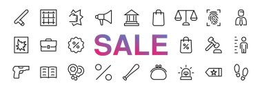 Mahkeme, Hukuk ve Adalet Simgesi Seti Hukuk, Polis, Cezaevi, Kelepçe, Pistol, Düzenlenebilir Vuruş gibi ikonlar içeriyor. Modern ince semboller. Kara Cuma