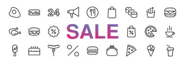 Vektör çizgisi ile ilgili basit bir fast food ikonu seti. Pizza, burger, suşi, bisiklet, çırpılmış yumurta ve daha fazlası gibi ikonlar içerir. Edilebilir felç. 480x480 piksel Mükemmel, Kara Cuma