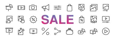 Resim kümesi vektör çizgisi simgeleri. Video, video oynatma, resim düzenleme, İş Eğitimi gibi simgeler içerir. Düzenlenebilir felç. Vektör illüstrasyonu Kara Cuma