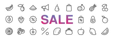 Meyve Simgesi Seti, Vektör satırları, elma, muz, kiraz, limon, karpuz, Avokado Düzenleme vuruşu, 48x48 piksel, Beyaz arkaplan, siyah cuma gibi simgeleri içerir