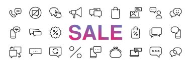 Mesaj çizgisi vektör çizgisi simgelerinin basit bir kümesi. Sohbet, SMS, bildirimler, grup sohbeti ve daha fazlası gibi simgeler içerir. Düzenlenebilir felç. 48x48 piksel kusursuz, beyaz arkaplan. Kara Cuma