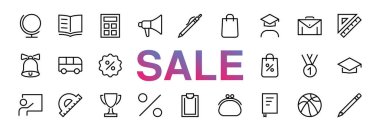 Basit bir okul eşyası seti. Öğrenci, ödül, coğrafya, beden eğitimi, geometri ve daha fazlası gibi ikonlar içerir. Beyaz arka planda. Düzenlenebilir felç. 480x480. Kara Cuma