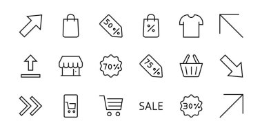 Siber Pazartesi Simgesi Seti indirim paketleri, promosyonlar, alışveriş arabası, büyük indirimler, alışveriş arabası ve daha fazlası içeriyor. Düzenlenebilir vuruş, vektör simgeleri.