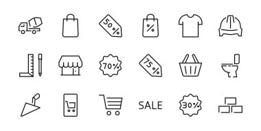 Siber Pazartesi Simgesi Seti indirim paketleri, promosyonlar, alışveriş arabası, büyük indirimler, alışveriş arabası ve daha fazlası içeriyor. Düzenlenebilir vuruş, vektör simgeleri.