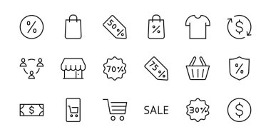 Kara Cuma Simge Seti indirimli tanıtım paketleri, alışveriş arabası ve daha fazlasını içeriyor. Düzenlenebilir vuruş, vektör simgeleri.