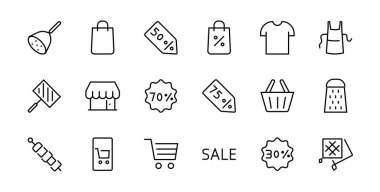 Kara Cuma Simge Seti indirimli tanıtım paketleri, alışveriş arabası ve daha fazlasını içeriyor. Düzenlenebilir vuruş, vektör simgeleri.