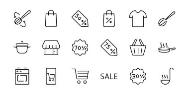 Kara Cuma Simge Seti indirimli tanıtım paketleri, alışveriş arabası ve daha fazlasını içeriyor. Düzenlenebilir vuruş, vektör simgeleri.