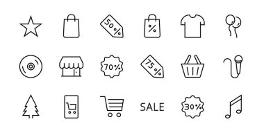 Kara Cuma Simge Seti indirimli tanıtım paketleri, alışveriş arabası ve daha fazlasını içeriyor. Düzenlenebilir vuruş, vektör simgeleri.