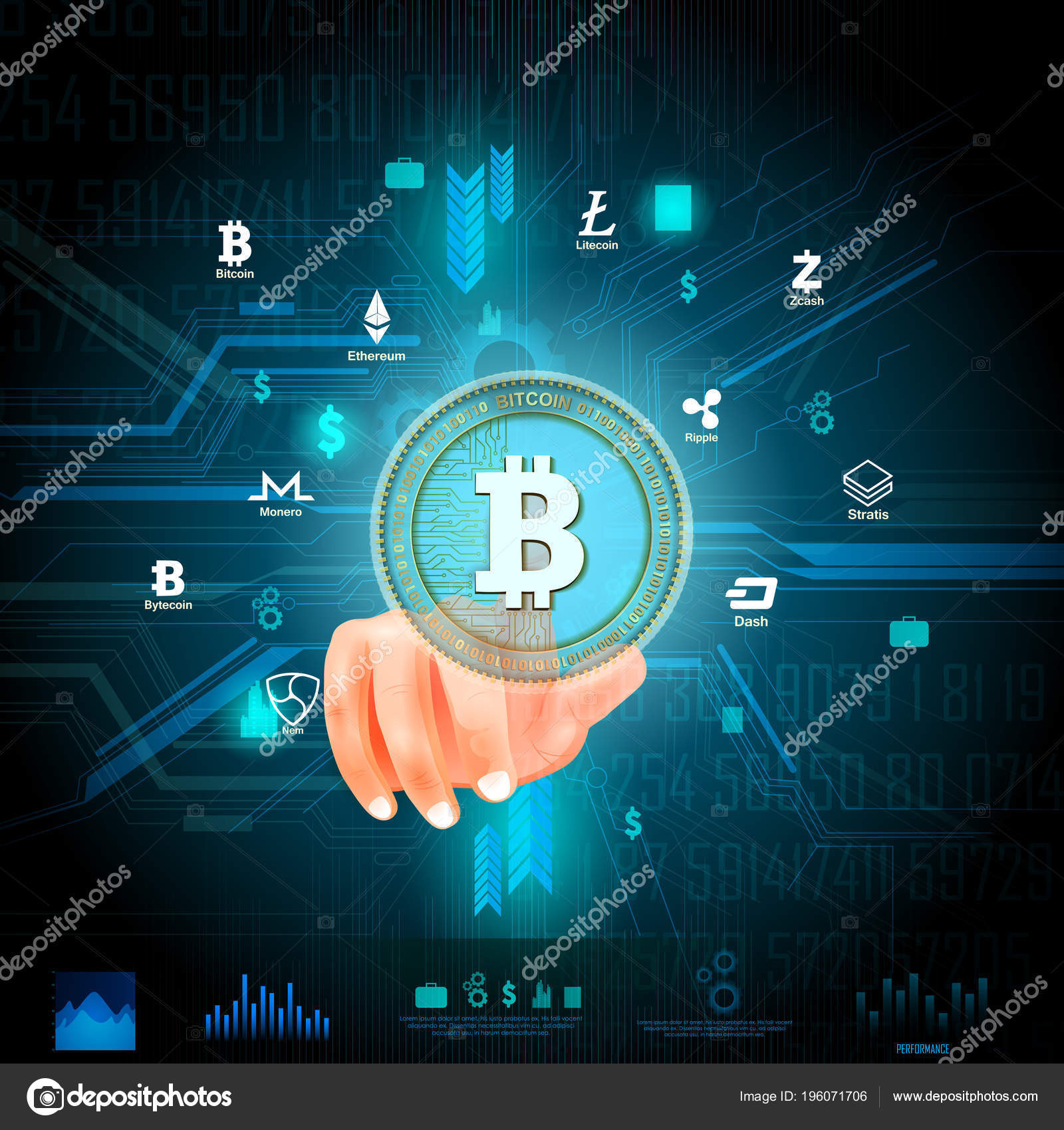 Bitcoin on hi-tech cryptocurrency digital currency with encryption  techniques financial background Stock Vector by ©snapgalleria 196071706