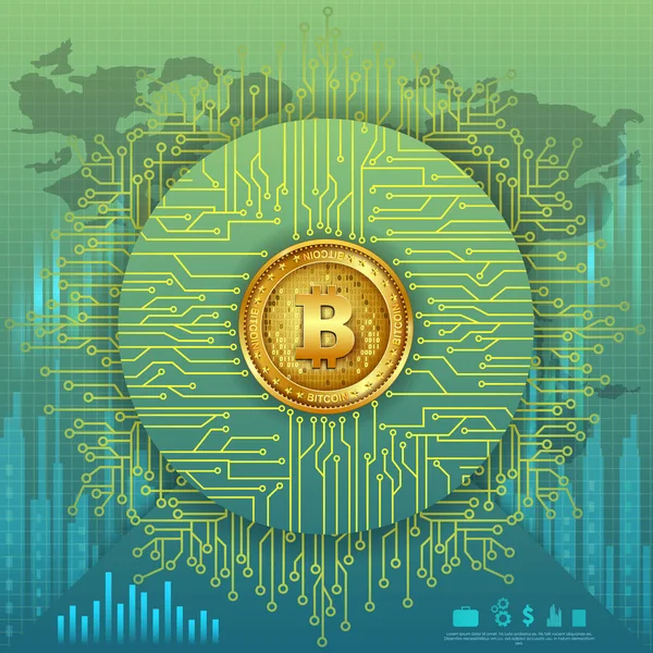 Bitcoin auf Hi-Tech-Kryptowährung digitale Währung mit Verschlüsselungstechniken finanziellen Hintergrund — Stockvektor