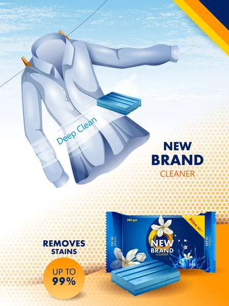 Reclame banner van vlekken en vuil remover wasmiddel voor doek schoon en fris. — Stockvector