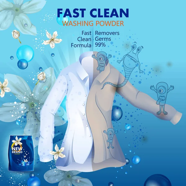 Iklan spanduk noda dan kotoran deterjen cucian bubuk untuk kain bersih dan segar - Stok Vektor