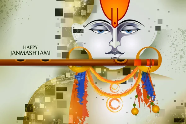 Señor Krishna tocando la flauta en feliz fiesta Janmashtami Festival indio saludo fondo — Vector de stock