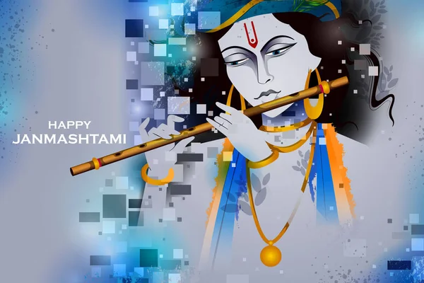 Ο Λόρδος Krishna παίζει φλάουτο στο Happy Janmashtami διακοπών Ινδικό Φεστιβάλ χαιρετισμό φόντο — Διανυσματικό Αρχείο