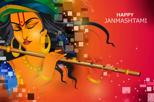 Lord Krishna tocando flauta no feliz feriado Janmashtami indiana festival saudação fundo —  Vetores de Stock